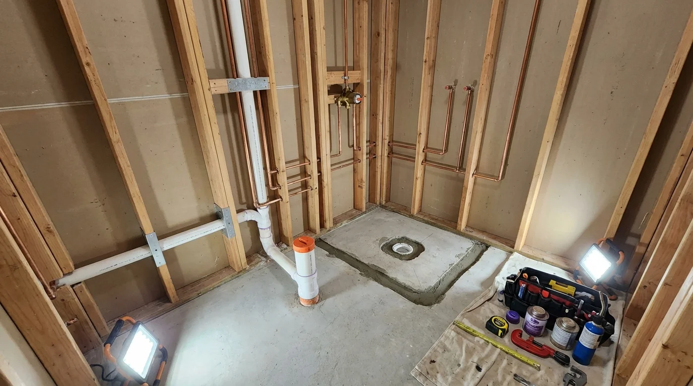 Bathroom rough-in plumbing during remodel by Johns Plumbing LLC in Coal City