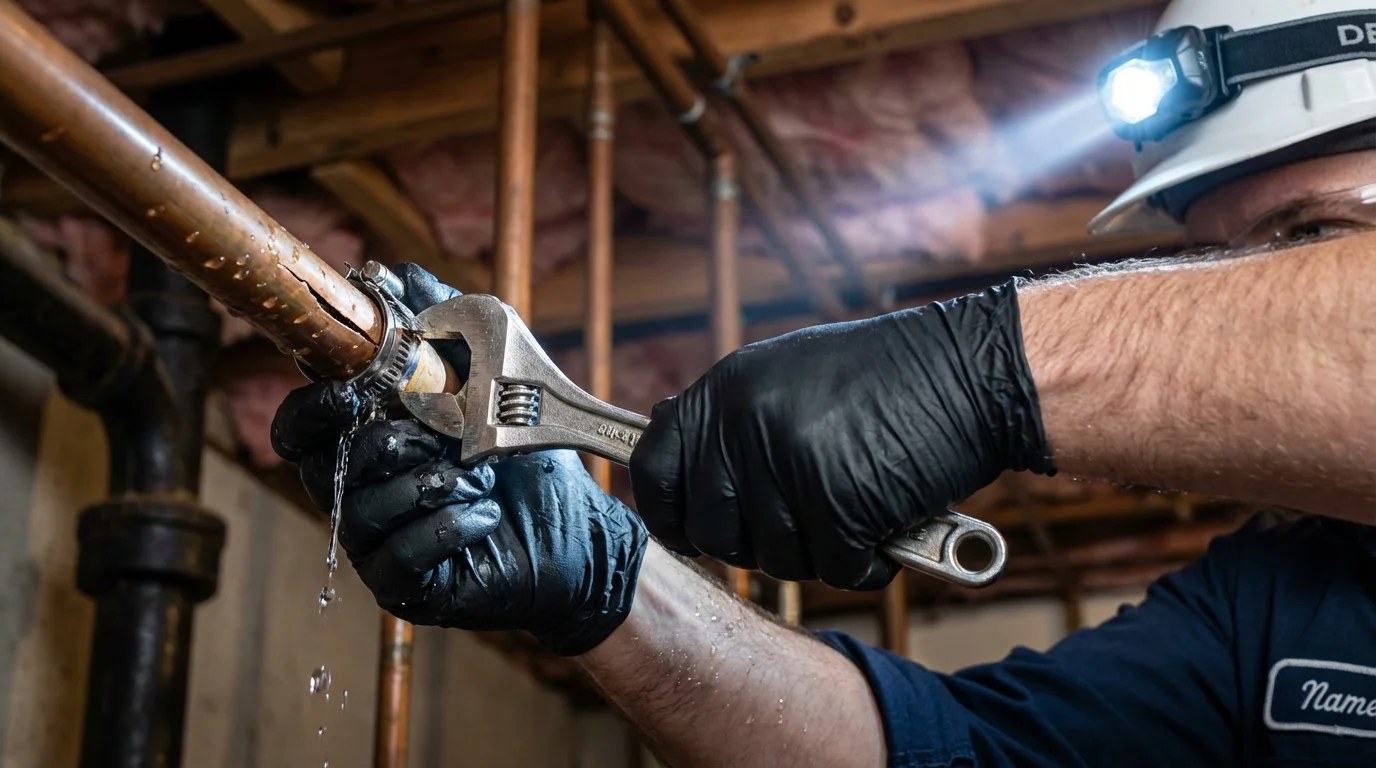 Emergency pipe clamp repair being performed by a Johns Plumbing LLC plumber in Coal City