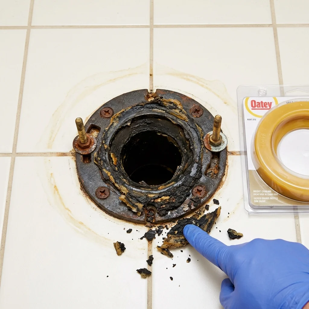 Failed wax ring showing water seepage at the base of a toilet in a Coal City, IL home