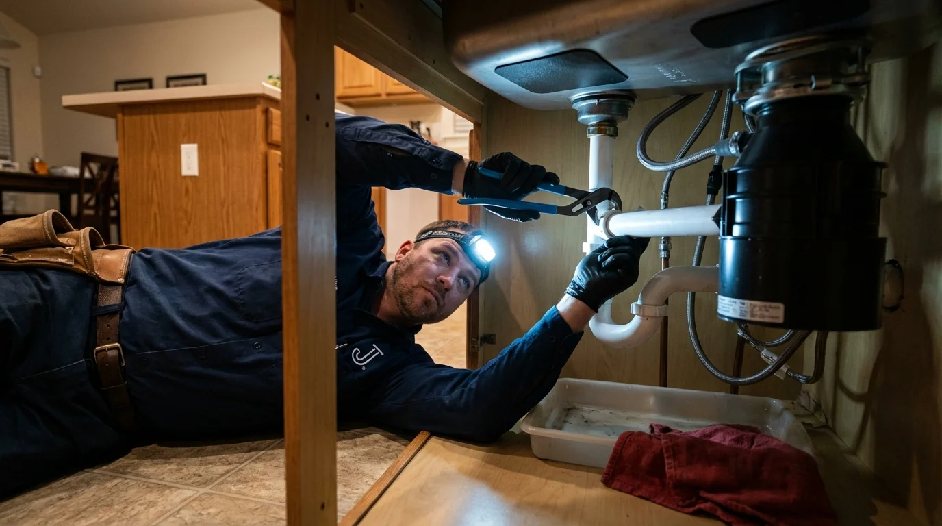 P-trap and supply line connections under a kitchen sink showing a common leak point in Coal City, IL
